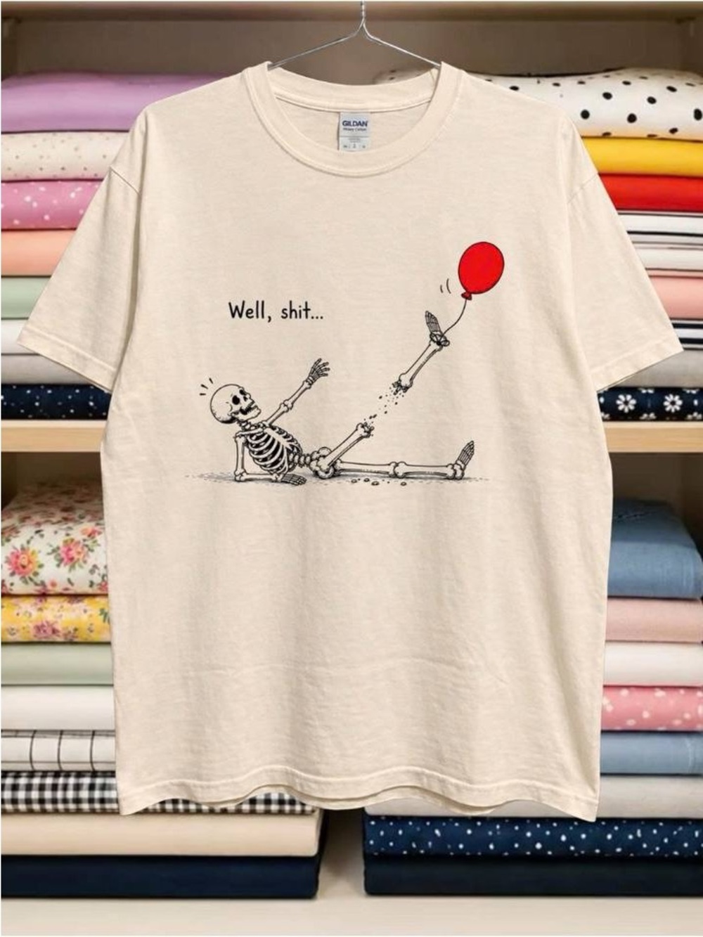 Comfort Colors Ivory Short Sleeve Tee with Skeleton & Red Balloon Graphic